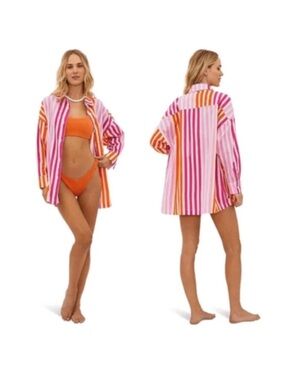 Beach Riot NWT striped Pink Orange Shirt Dress Beach Swimsuit Cover Up Size S-M